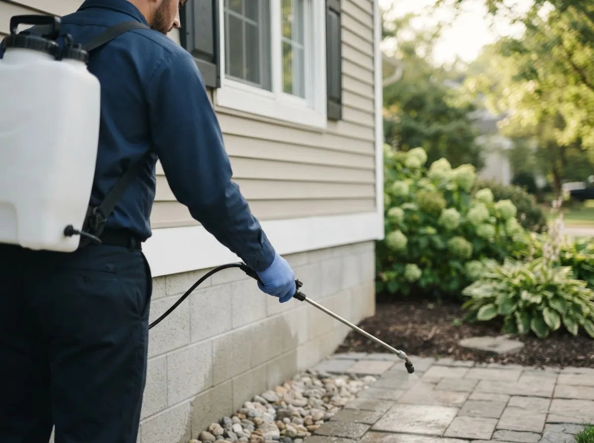 Pest control technician inspecting a home in Greenville, NY